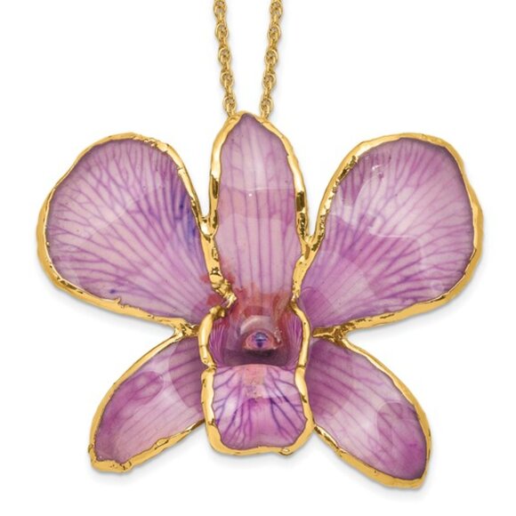 24k Gold Trim lacquer Dipped Real Dendrobium Orchid 20 inch Gold-tone Necklace - Picture 8 of 13